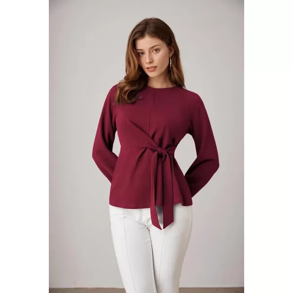 GRACE KARIN 2024 Womens Elegant Peplum Tops Tie Front Long Sleeve Shirts Dressy Casual Blouses Work Tunic TopsWine Red