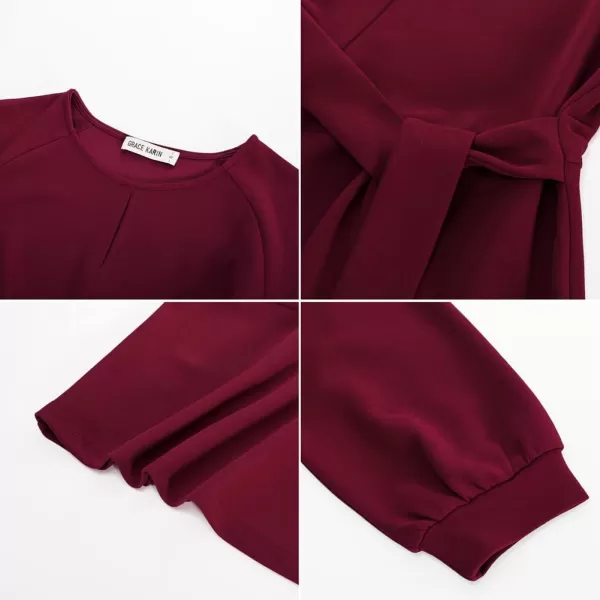 GRACE KARIN 2024 Womens Elegant Peplum Tops Tie Front Long Sleeve Shirts Dressy Casual Blouses Work Tunic TopsWine Red