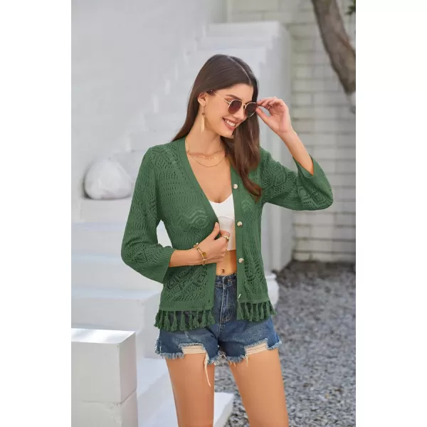 GRACE KARIN Women Fringed Cardigan 2024 Boho Hollowed Out Crochet Knit Shrug 34 Sleeve VNeck Cardigan Top with ButtonArmy Green