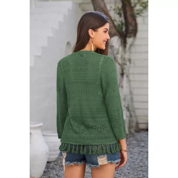 GRACE KARIN Women Fringed Cardigan 2024 Boho Hollowed Out Crochet Knit Shrug 34 Sleeve VNeck Cardigan Top with ButtonArmy Green