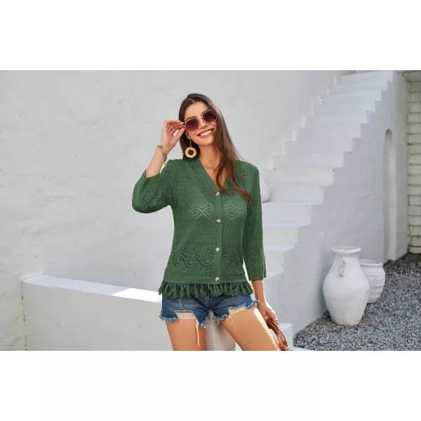 GRACE KARIN Women Fringed Cardigan 2024 Boho Hollowed Out Crochet Knit Shrug 34 Sleeve VNeck Cardigan Top with ButtonArmy Green