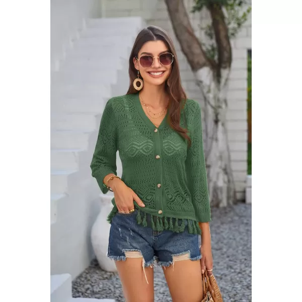 GRACE KARIN Women Fringed Cardigan 2024 Boho Hollowed Out Crochet Knit Shrug 34 Sleeve VNeck Cardigan Top with ButtonArmy Green