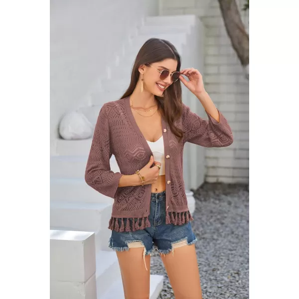 GRACE KARIN Women Fringed Cardigan 2024 Boho Hollowed Out Crochet Knit Shrug 34 Sleeve VNeck Cardigan Top with ButtonFire Brick