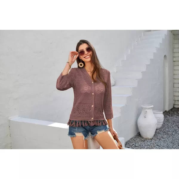 GRACE KARIN Women Fringed Cardigan 2024 Boho Hollowed Out Crochet Knit Shrug 34 Sleeve VNeck Cardigan Top with ButtonFire Brick