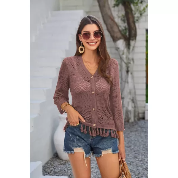 GRACE KARIN Women Fringed Cardigan 2024 Boho Hollowed Out Crochet Knit Shrug 34 Sleeve VNeck Cardigan Top with ButtonFire Brick