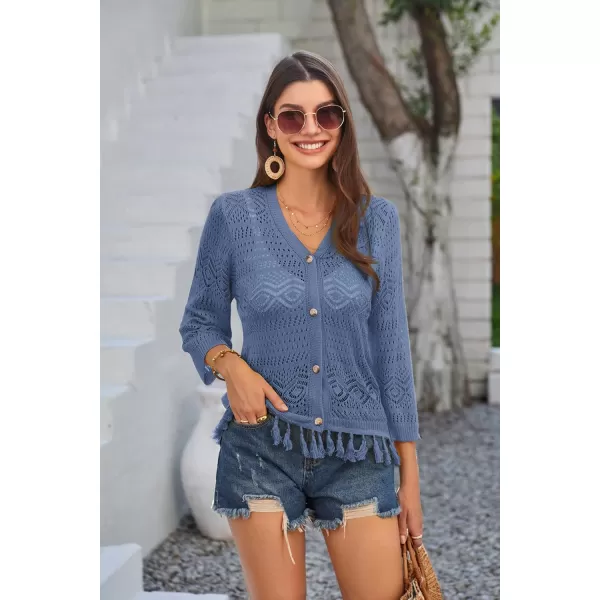 GRACE KARIN Women Fringed Cardigan 2024 Boho Hollowed Out Crochet Knit Shrug 34 Sleeve VNeck Cardigan Top with ButtonGray Blue