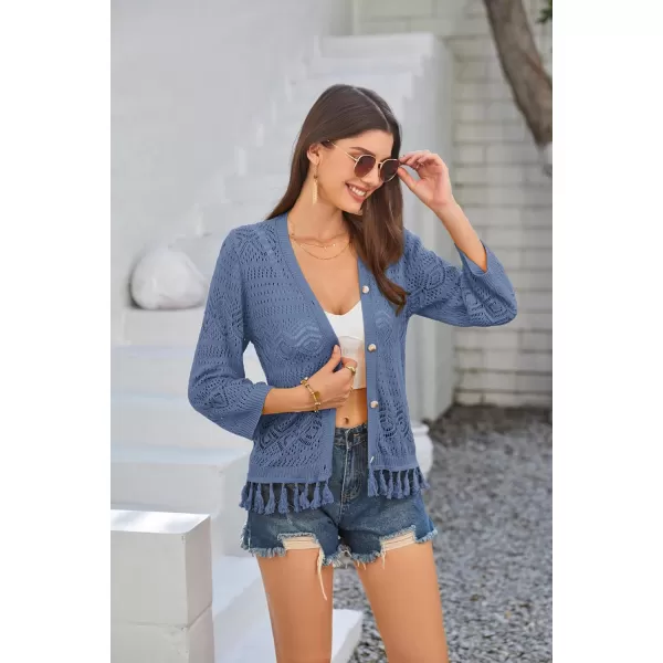 GRACE KARIN Women Fringed Cardigan 2024 Boho Hollowed Out Crochet Knit Shrug 34 Sleeve VNeck Cardigan Top with ButtonGray Blue