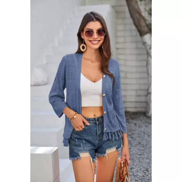 GRACE KARIN Women Fringed Cardigan 2024 Boho Hollowed Out Crochet Knit Shrug 34 Sleeve VNeck Cardigan Top with ButtonGray Blue