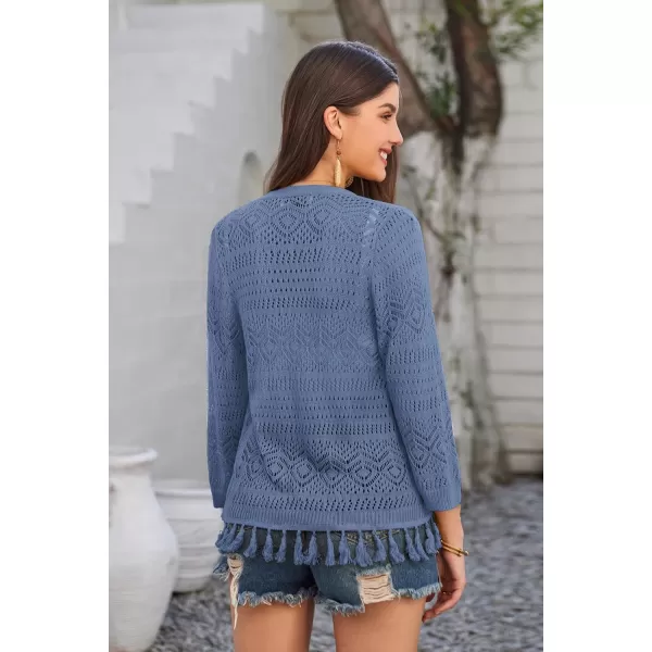 GRACE KARIN Women Fringed Cardigan 2024 Boho Hollowed Out Crochet Knit Shrug 34 Sleeve VNeck Cardigan Top with ButtonGray Blue