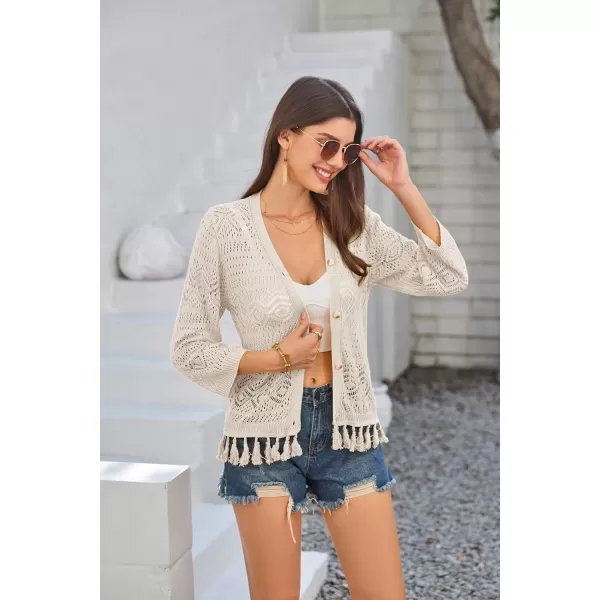 GRACE KARIN Women Fringed Cardigan 2024 Boho Hollowed Out Crochet Knit Shrug 34 Sleeve VNeck Cardigan Top with ButtonLight Apricot