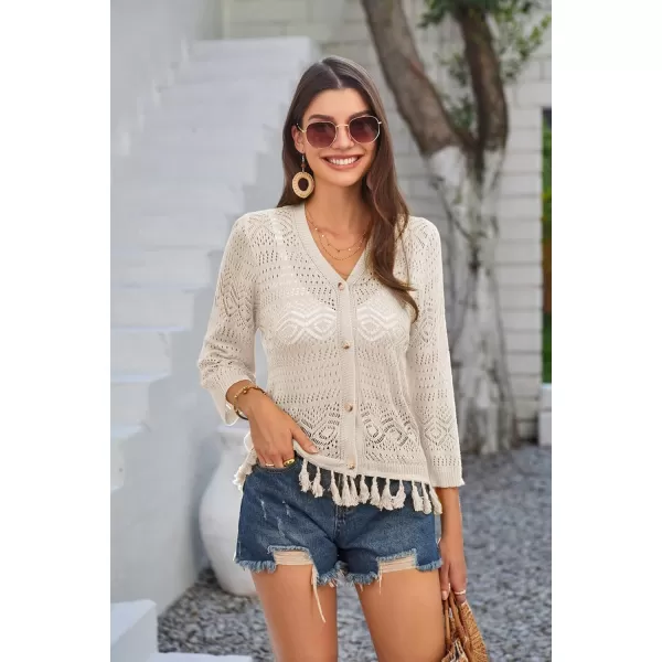 GRACE KARIN Women Fringed Cardigan 2024 Boho Hollowed Out Crochet Knit Shrug 34 Sleeve VNeck Cardigan Top with ButtonLight Apricot