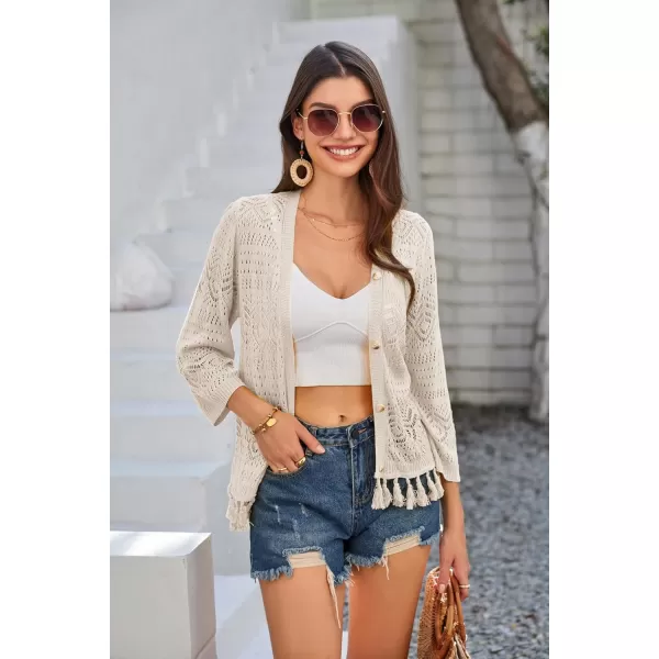 GRACE KARIN Women Fringed Cardigan 2024 Boho Hollowed Out Crochet Knit Shrug 34 Sleeve VNeck Cardigan Top with ButtonLight Apricot