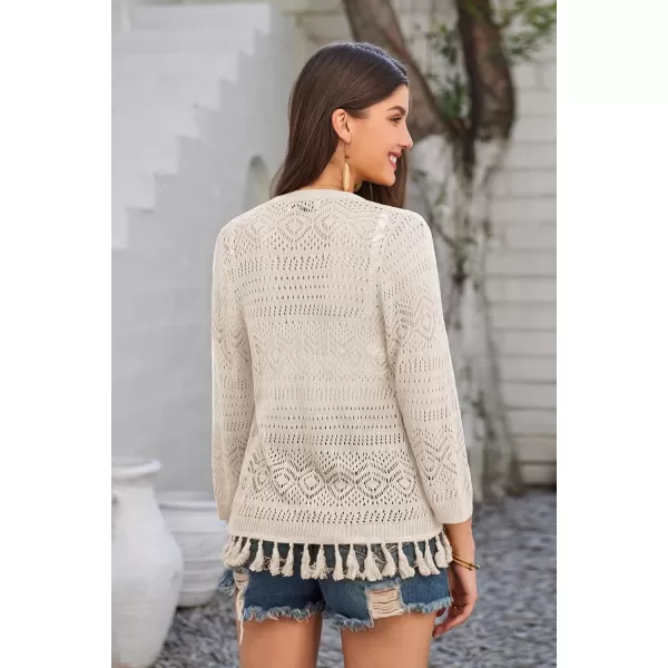 GRACE KARIN Women Fringed Cardigan 2024 Boho Hollowed Out Crochet Knit Shrug 34 Sleeve VNeck Cardigan Top with ButtonLight Apricot