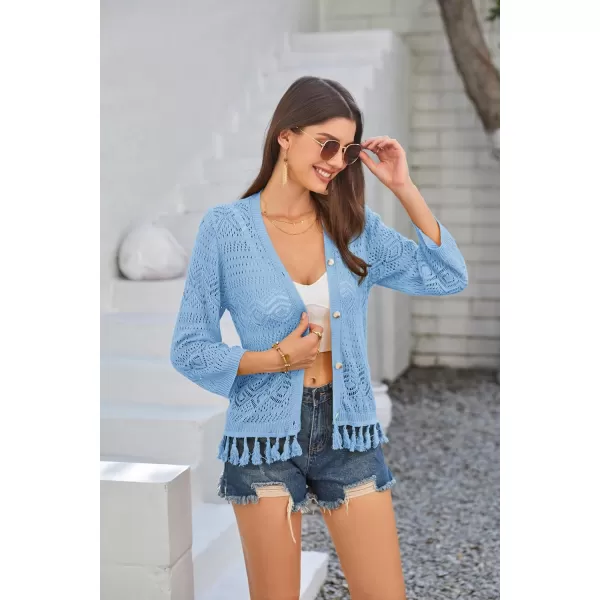 GRACE KARIN Women Fringed Cardigan 2024 Boho Hollowed Out Crochet Knit Shrug 34 Sleeve VNeck Cardigan Top with ButtonLight Blue