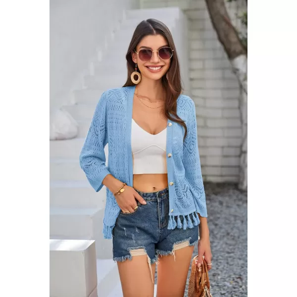 GRACE KARIN Women Fringed Cardigan 2024 Boho Hollowed Out Crochet Knit Shrug 34 Sleeve VNeck Cardigan Top with ButtonLight Blue