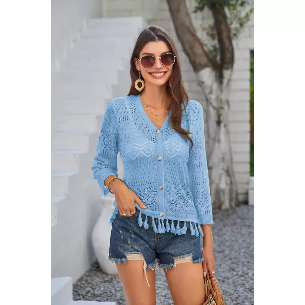 GRACE KARIN Women Fringed Cardigan 2024 Boho Hollowed Out Crochet Knit Shrug 34 Sleeve VNeck Cardigan Top with ButtonLight Blue