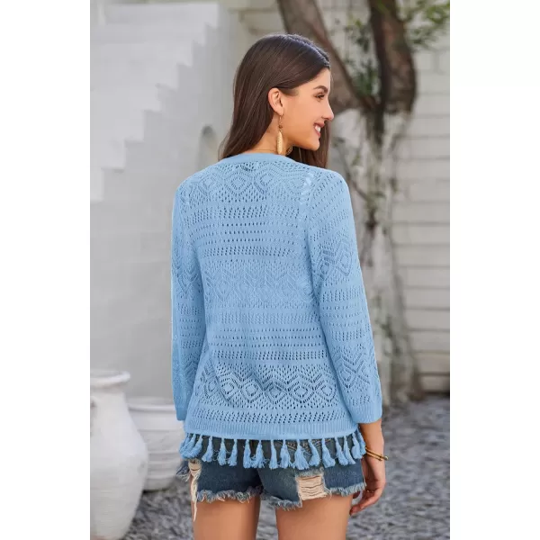 GRACE KARIN Women Fringed Cardigan 2024 Boho Hollowed Out Crochet Knit Shrug 34 Sleeve VNeck Cardigan Top with ButtonLight Blue