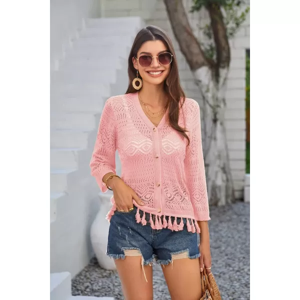 GRACE KARIN Women Fringed Cardigan 2024 Boho Hollowed Out Crochet Knit Shrug 34 Sleeve VNeck Cardigan Top with ButtonLight Coral