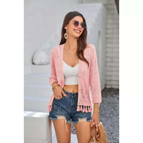 GRACE KARIN Women Fringed Cardigan 2024 Boho Hollowed Out Crochet Knit Shrug 34 Sleeve VNeck Cardigan Top with ButtonLight Coral