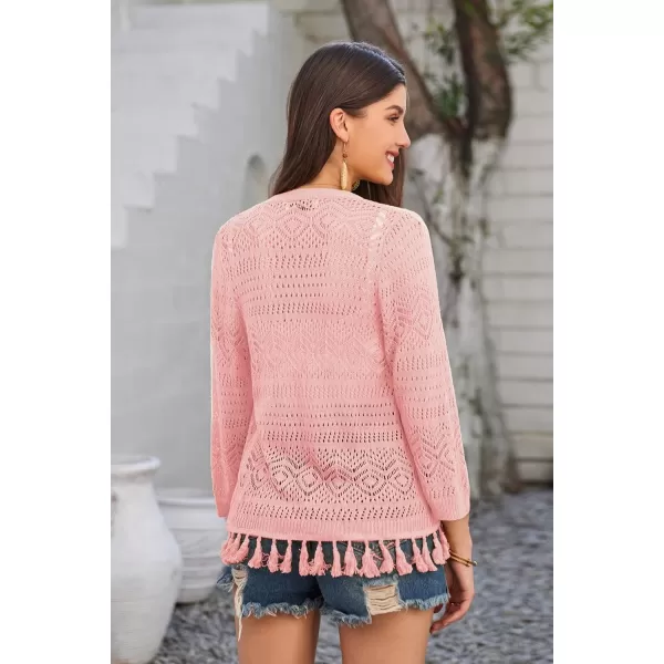 GRACE KARIN Women Fringed Cardigan 2024 Boho Hollowed Out Crochet Knit Shrug 34 Sleeve VNeck Cardigan Top with ButtonLight Coral