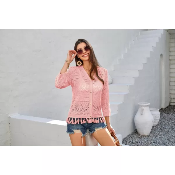 GRACE KARIN Women Fringed Cardigan 2024 Boho Hollowed Out Crochet Knit Shrug 34 Sleeve VNeck Cardigan Top with ButtonLight Coral