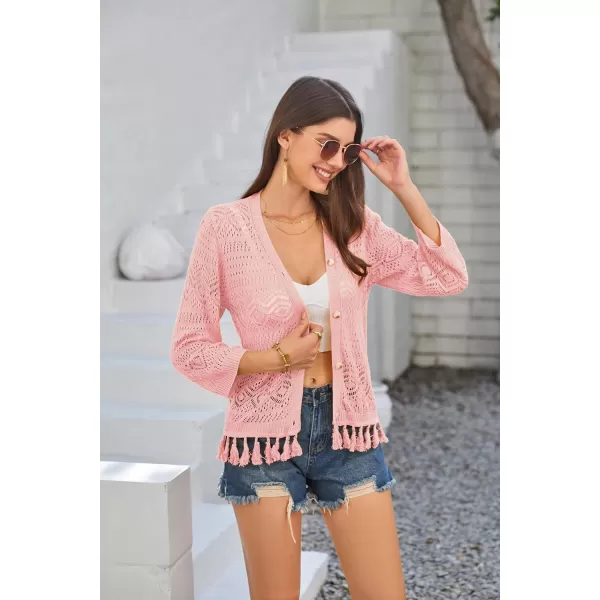 GRACE KARIN Women Fringed Cardigan 2024 Boho Hollowed Out Crochet Knit Shrug 34 Sleeve VNeck Cardigan Top with ButtonLight Coral