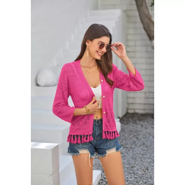 GRACE KARIN Women Fringed Cardigan 2024 Boho Hollowed Out Crochet Knit Shrug 34 Sleeve VNeck Cardigan Top with ButtonRose Red