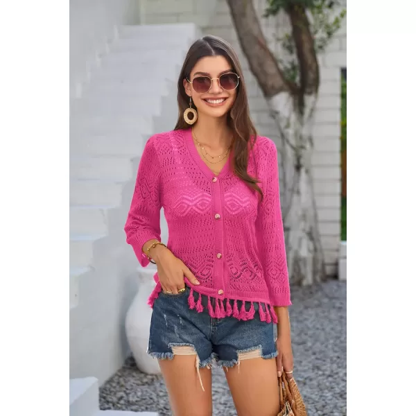 GRACE KARIN Women Fringed Cardigan 2024 Boho Hollowed Out Crochet Knit Shrug 34 Sleeve VNeck Cardigan Top with ButtonRose Red