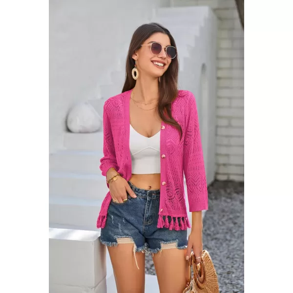 GRACE KARIN Women Fringed Cardigan 2024 Boho Hollowed Out Crochet Knit Shrug 34 Sleeve VNeck Cardigan Top with ButtonRose Red