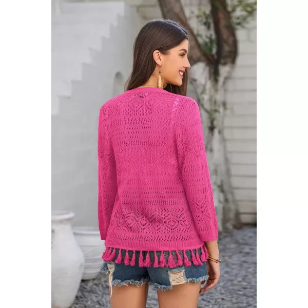 GRACE KARIN Women Fringed Cardigan 2024 Boho Hollowed Out Crochet Knit Shrug 34 Sleeve VNeck Cardigan Top with ButtonRose Red