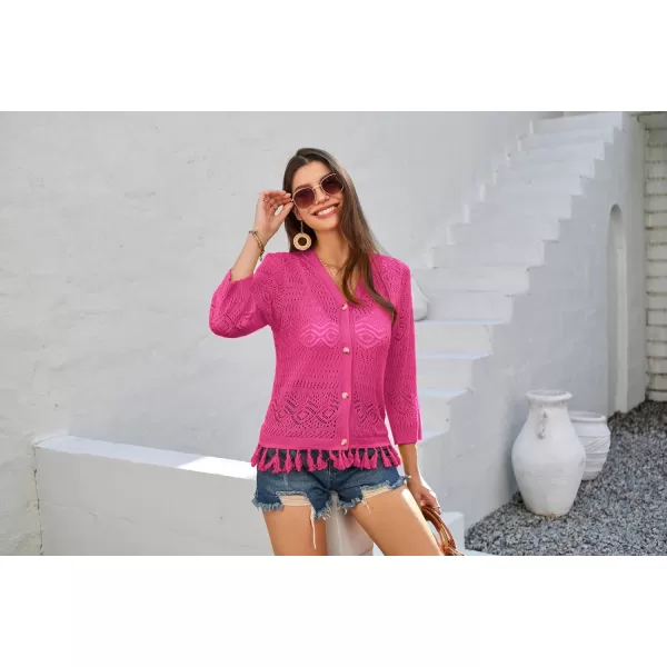 GRACE KARIN Women Fringed Cardigan 2024 Boho Hollowed Out Crochet Knit Shrug 34 Sleeve VNeck Cardigan Top with ButtonRose Red