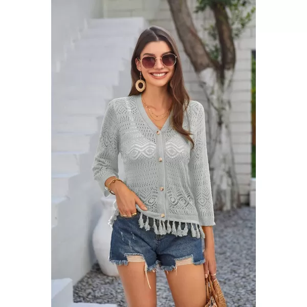 GRACE KARIN Women Fringed Cardigan 2024 Boho Hollowed Out Crochet Knit Shrug 34 Sleeve VNeck Cardigan Top with ButtonSilver Gray