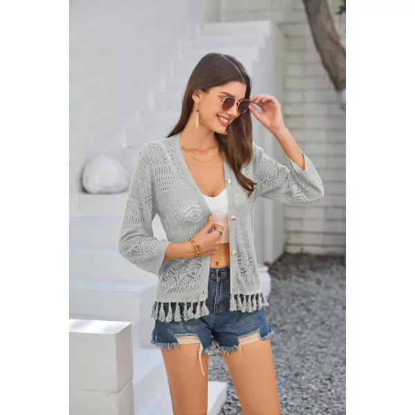 GRACE KARIN Women Fringed Cardigan 2024 Boho Hollowed Out Crochet Knit Shrug 34 Sleeve VNeck Cardigan Top with ButtonSilver Gray