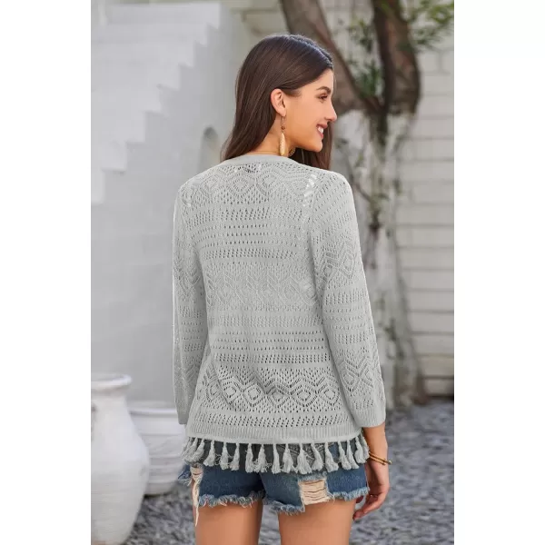 GRACE KARIN Women Fringed Cardigan 2024 Boho Hollowed Out Crochet Knit Shrug 34 Sleeve VNeck Cardigan Top with ButtonSilver Gray