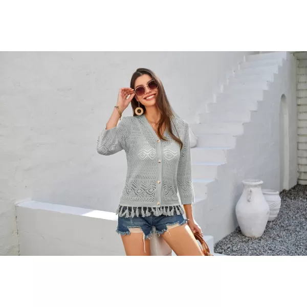 GRACE KARIN Women Fringed Cardigan 2024 Boho Hollowed Out Crochet Knit Shrug 34 Sleeve VNeck Cardigan Top with ButtonSilver Gray