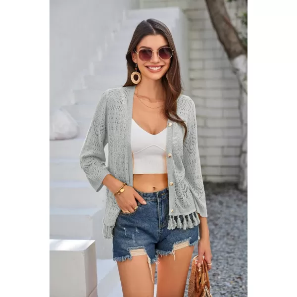 GRACE KARIN Women Fringed Cardigan 2024 Boho Hollowed Out Crochet Knit Shrug 34 Sleeve VNeck Cardigan Top with ButtonSilver Gray