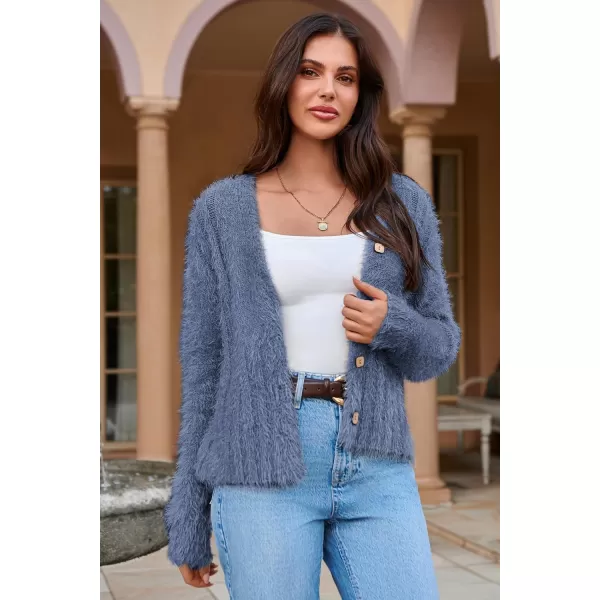 GRACE KARIN Womens Fuzzy Cardigan Long Sleeve Open Front VNeck Button Down Loose Knit Sweater Outwear CoatBlue