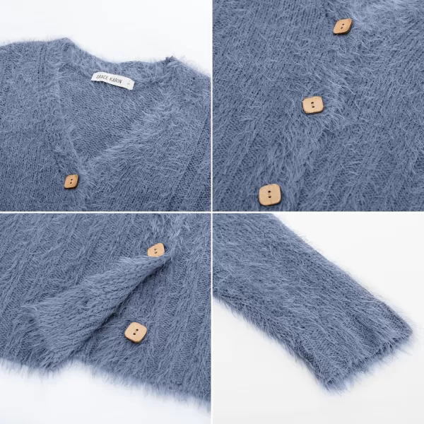 GRACE KARIN Womens Fuzzy Cardigan Long Sleeve Open Front VNeck Button Down Loose Knit Sweater Outwear CoatBlue