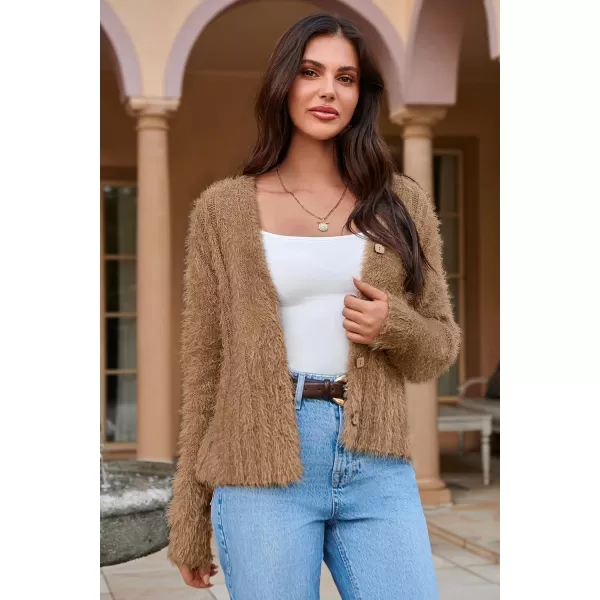 GRACE KARIN Womens Fuzzy Cardigan Long Sleeve Open Front VNeck Button Down Loose Knit Sweater Outwear CoatBrown