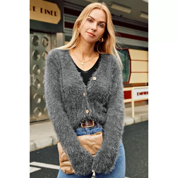 GRACE KARIN Womens Fuzzy Cardigan Long Sleeve Open Front VNeck Button Down Loose Knit Sweater Outwear CoatGray