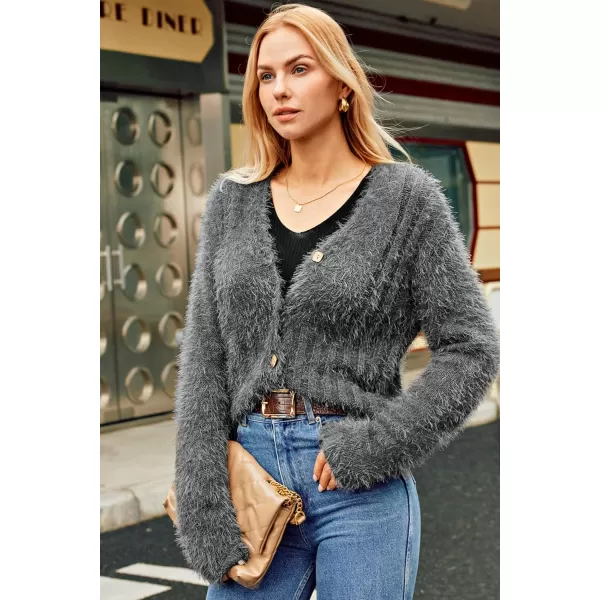 GRACE KARIN Womens Fuzzy Cardigan Long Sleeve Open Front VNeck Button Down Loose Knit Sweater Outwear CoatGray