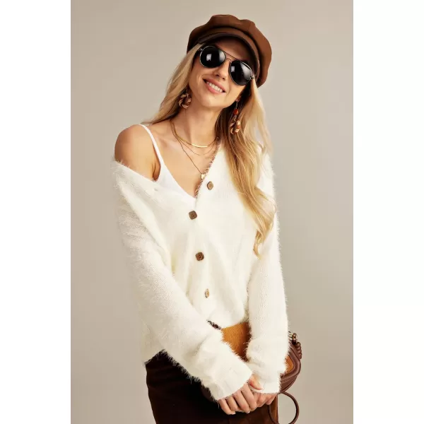 GRACE KARIN Womens Fuzzy Cardigan Long Sleeve Open Front VNeck Button Down Loose Knit Sweater Outwear CoatWhite
