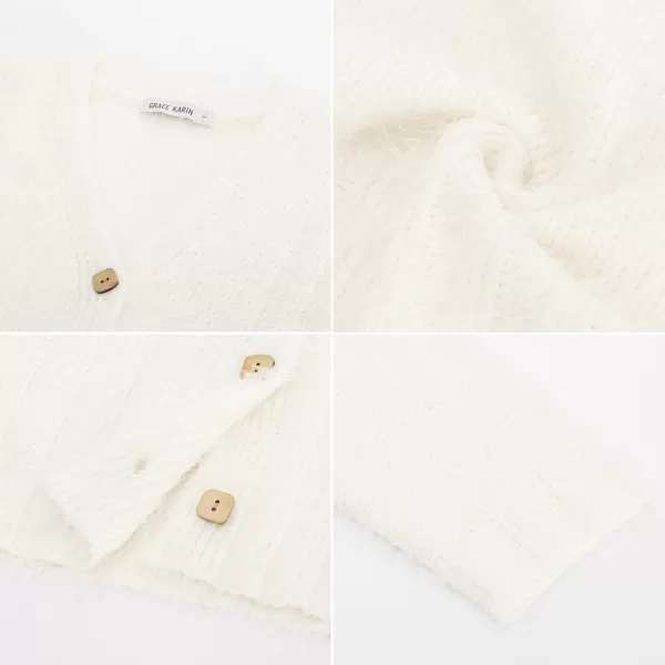 GRACE KARIN Womens Fuzzy Cardigan Long Sleeve Open Front VNeck Button Down Loose Knit Sweater Outwear CoatWhite