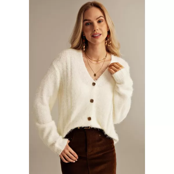 GRACE KARIN Womens Fuzzy Cardigan Long Sleeve Open Front VNeck Button Down Loose Knit Sweater Outwear CoatWhite