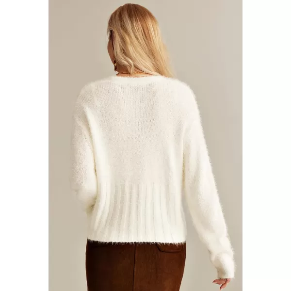 GRACE KARIN Womens Fuzzy Cardigan Long Sleeve Open Front VNeck Button Down Loose Knit Sweater Outwear CoatWhite