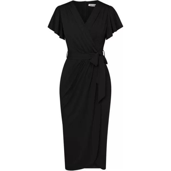 GRACE KARIN 2024 Womens Cocktail Dresses Ruffle Sleeve V Neck Wrap Dress Wedding Party Midi Dress with BeltBlack