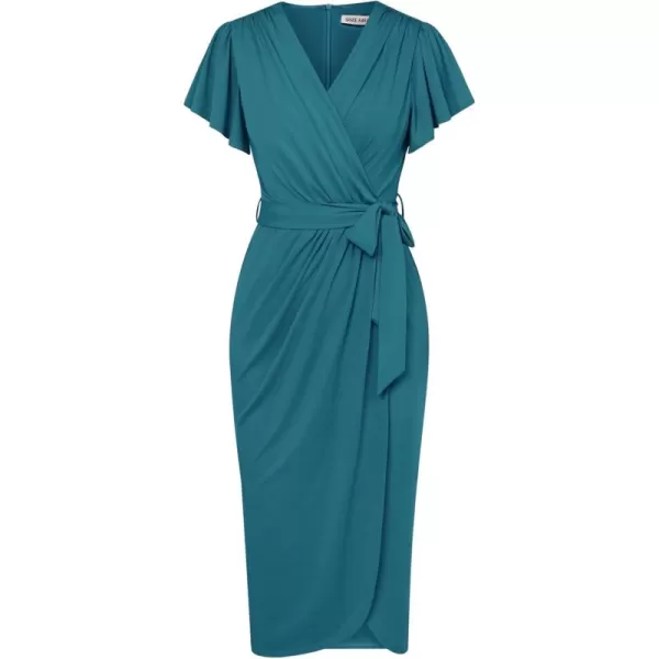 GRACE KARIN 2024 Womens Cocktail Dresses Ruffle Sleeve V Neck Wrap Dress Wedding Party Midi Dress with BeltBlue Green