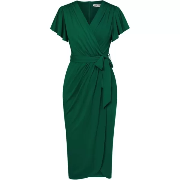 GRACE KARIN 2024 Womens Cocktail Dresses Ruffle Sleeve V Neck Wrap Dress Wedding Party Midi Dress with BeltGreen