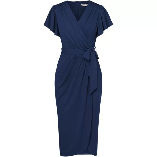 GRACE KARIN 2024 Womens Cocktail Dresses Ruffle Sleeve V Neck Wrap Dress Wedding Party Midi Dress with BeltNavy Blue