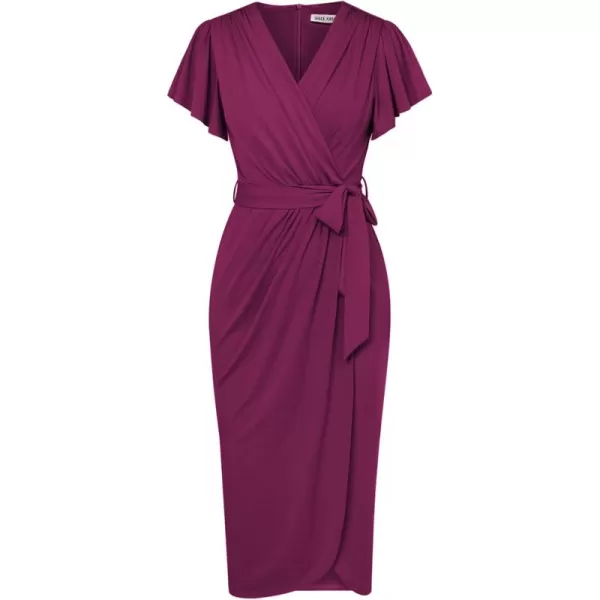 GRACE KARIN 2024 Womens Cocktail Dresses Ruffle Sleeve V Neck Wrap Dress Wedding Party Midi Dress with BeltPurple Red